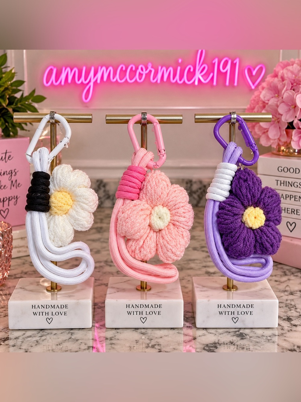 3 handmade flower keychains/ bag charms